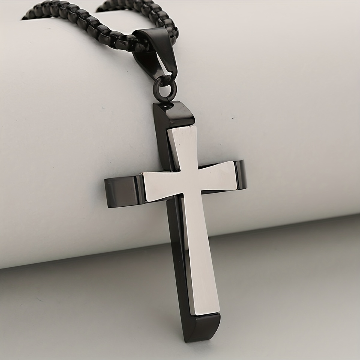 Double Layer Cross Pendant Necklace in Two-Tone Satin-Mirror Finish